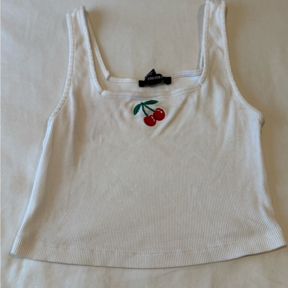 Forever 21 White Crop Top with Cherry Design